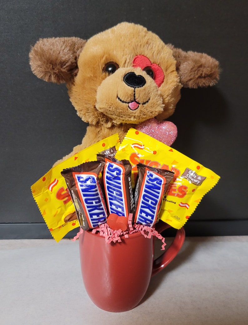 Valentine Candy Bouquet Mug With Plush Animal, Valentine's Day Gift for