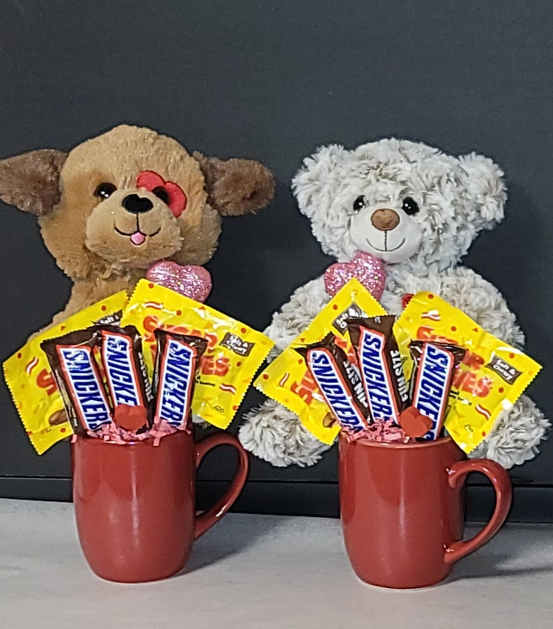 Valentine Candy Bouquet Mug With Plush Animal, Valentine's Day Gift for
