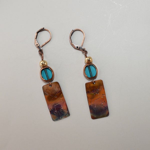 Flame Painted Hand Stamped Copper Dangle Earrings