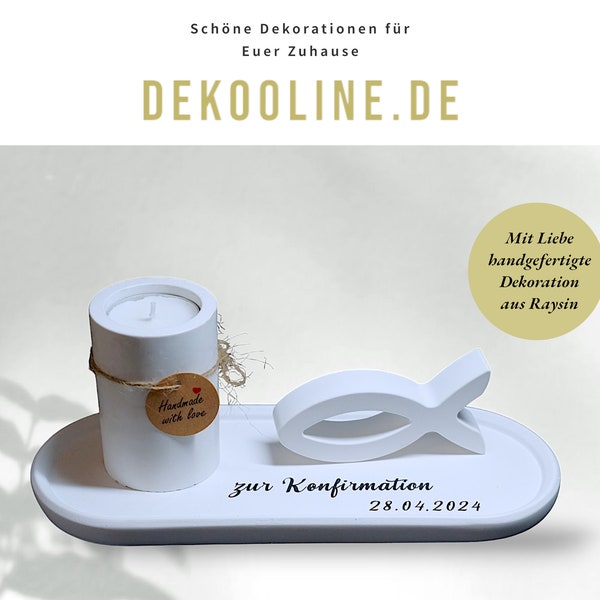 Dekorationsset zur Konfirmation oder Kommunion, inklusive Schriftzug, Teelichthalter, Fischmotiv und ovalem Tablett