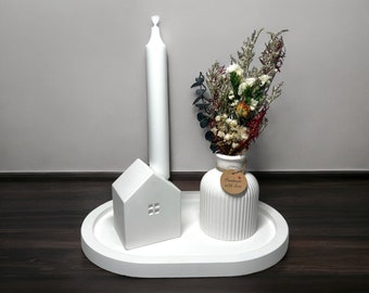 Dekorative, geriffelte Vase - Dekohaus als Kerzenhalter - Ovales Deko-Tablett - aus Raysin, Trockenblumen verfügbar