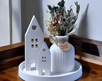 Juego de decoración Raysin • Platos, casas y jarrón • Accesorios para el hogar escandinavos • Decoración hecha a mano • Juego de flores secas