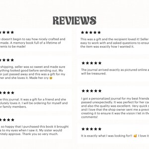 May include: Image of customer reviews with five-star ratings and text testimonials. The reviews praise the product's quality, the seller's service, and the emotional impact of the item. The word "REVIEWS" is at the top.