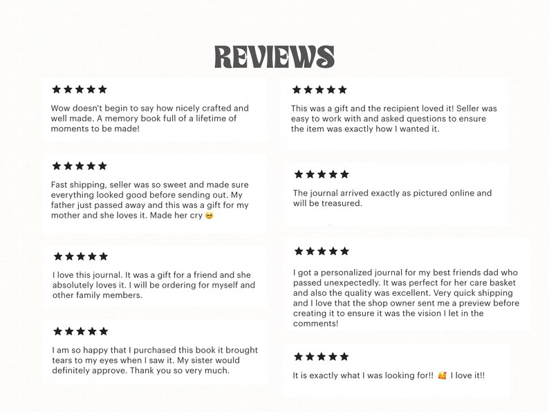 May include: Image of customer reviews with five-star ratings and text testimonials. The reviews praise the product's quality, the seller's service, and the emotional impact of the item. The word "REVIEWS" is at the top.