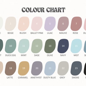 May include: A color chart featuring 24 different paint colors, each labeled with a number and a name. Colors range from white and beige to black, including shades of pink, blue, green, and gray. The text "COLOUR CHART" is at the top.
