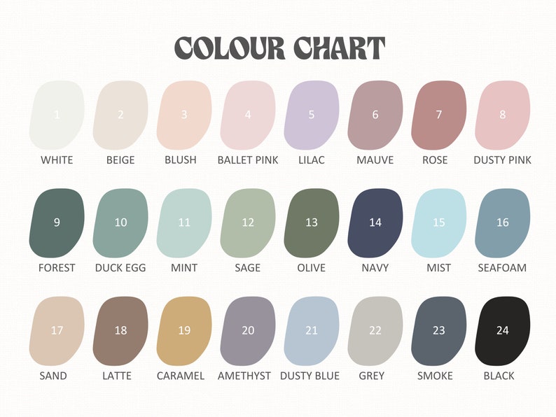 May include: A color chart featuring 24 different paint colors, each labeled with a number and a name. Colors range from white and beige to black, including shades of pink, blue, green, and gray. The text "COLOUR CHART" is at the top.