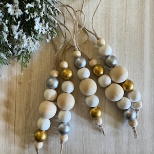 Wooden Christmas Ornaments | Modern Farmhouse White Wooden Bead Ornaments | Silver & Gold Christmas Ornaments | Natural Scandinavian Solid