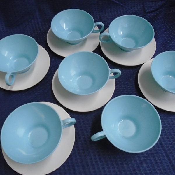 Boonton ware 3202-5 Blue cups and saucers, Vtg Blue Cups and White Saucers, Rare Boonton Set,