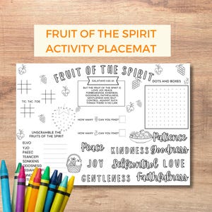 Actividad del fruto del Espíritu: Impresión para colorear y colocar para la escuela dominical. Versículo bíblico: Gálatas 5:22-23. Actividad bíblica divertida.