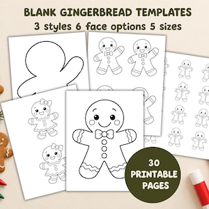 May include: A set of printable gingerbread templates featuring 3 styles, 6 face options, and 5 sizes across 30 pages. The sheets display black and white line art of gingerbread figures, including plain shapes, figures with bows, and figures with dresses.
