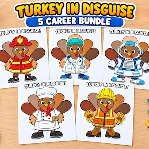 Könnte beinhalten: Ein Turkey in Disguise 5-Karriere-Set mit fünf bedruckten Karten. Jede Karte zeigt einen gezeichneten Truthahn als Feuerwehrmann, Arzt, Astronaut, Koch oder Bauarbeiter. Der Text Turkey in Disguise steht auf jeder Karte.