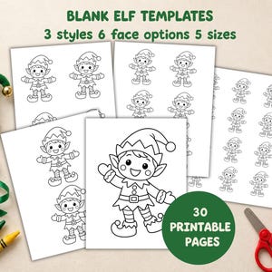Peut inclure: Un ensemble de pages imprimables présentant des dessins au trait noir et blanc d'elfes. Le texte indique BLANK ELF TEMPLATES, 3 styles 6 face options 5 sizes, et 30 PRINTABLE PAGES. Les pages montrent diverses illustrations d'elfes.