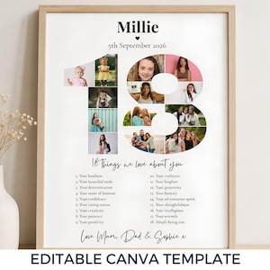 Plantilla de collage de fotos "18 cosas que amamos de ti" - Regalo de cumpleaños número 18 - Impresión de cumpleaños personalizada - Póster fotográfico personalizado
