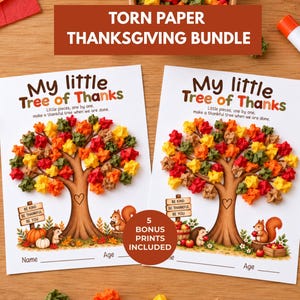 Könnte beinhalten: Zwei weiße Aktivitätsblätter mit dem Titel My little Tree of Thanks, die einen braunen Baumstamm mit einem Herz, bunte zerknüllte Papierblätter, ein Eichhörnchen, einen Igel und ein Schild mit der Aufschrift Be Kind Be Thankful Be You zeigen.