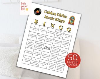 Golden Oldies Music Bingo 50s & 60s Song Bingo Retro Family Activity 60th Vintage Party Game  Printable Bingo Seniors 70th Birthday