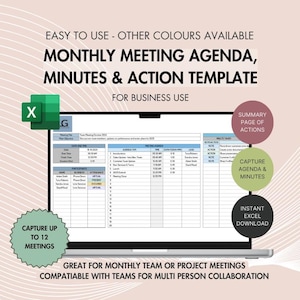 May include: A computer screen displaying a spreadsheet template for a monthly meeting agenda, minutes, and action items. The template is designed for business use and is compatible with Microsoft Excel. The template includes sections for date, time, topic, notes, and actions. The template is available for instant download.