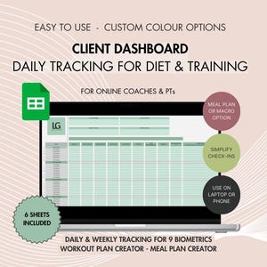 Könnte beinhalten: Eine digitale Tabellenvorlage in Grün und Weiß zum Verfolgen von Ernährung und Training. Die Vorlage enthält Abschnitte für Ernährungspläne, Makroverfolgung, Check-ins und Trainingspläne. Sie ist für Online-Trainer und Personal Trainer konzipiert. Der Text "EASY TO USE - CUSTOM COLOUR OPTIONS" befindet sich oben im Bild. Der Text "CLIENT DASHBOARD" befindet sich unter der ersten Textzeile. Der Text "DAILY TRACKING FOR DIET & TRAINING" befindet sich unter der zweiten Textzeile. Der Text "FOR ONLINE COACHES & PTS" befindet sich unter der dritten Textzeile. Der Text "6 SHEETS INCLUDED" befindet sich in einem grünen Kreis unten links im Bild. Der Text "DAILY & WEEKLY TRACKING FOR 9 BIOMETRICS WORKOUT PLAN CREATOR - MEAL PLAN CREATOR" befindet sich unten im Bild.