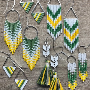 Team Spirit beaded fringe earrings for game day- green, yellow, white