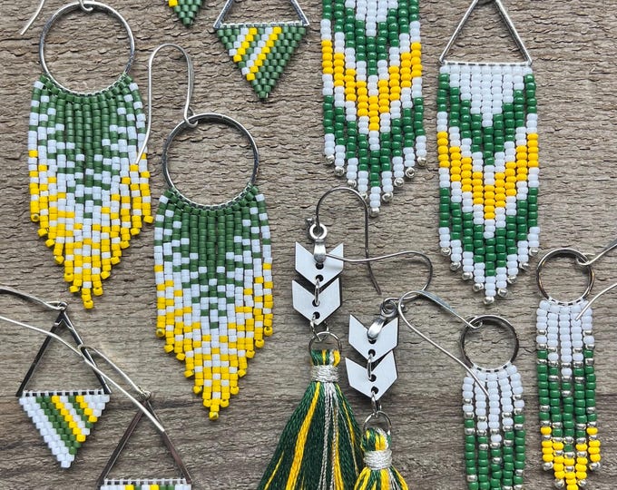 Team Spirit beaded fringe earrings for game day- green, yellow, white