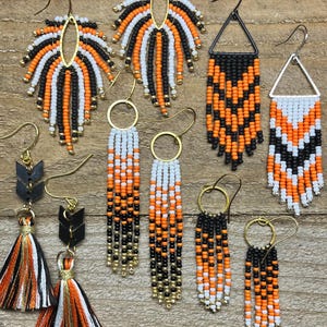 Team Spirit beaded fringe earrings for game day- orange, black, and white