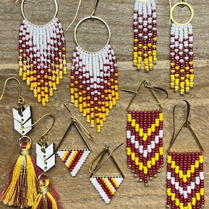 Team Spirit beaded fringe earrings for game day- maroon, yellow gold, white