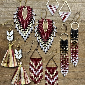 Team Spirit beaded fringe earrings for game day- garnet (maroon), gold, white, black