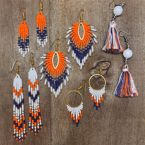 Team Spirit beaded fringe earrings- orange/dark blue/white