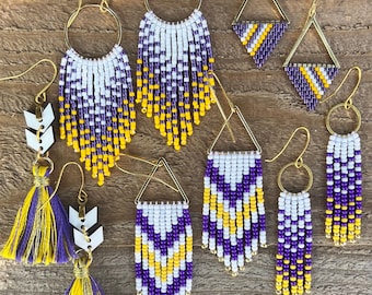 Team Spirit beaded fringe earrings for game day- royal purple, gold (yellow), white