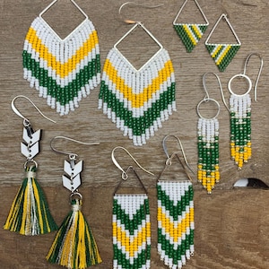 Team Spirit beaded fringe earrings for game day- green, yellow, white