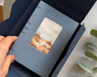 Handgemaakt linnen omslag schetsboek, koptisch stiksel, aquarelkunst