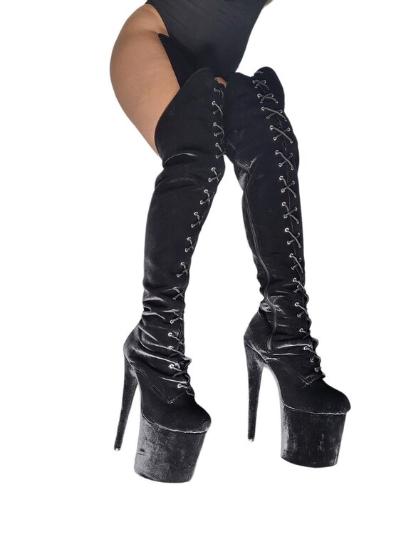 Black velvet thigh high boots best sale