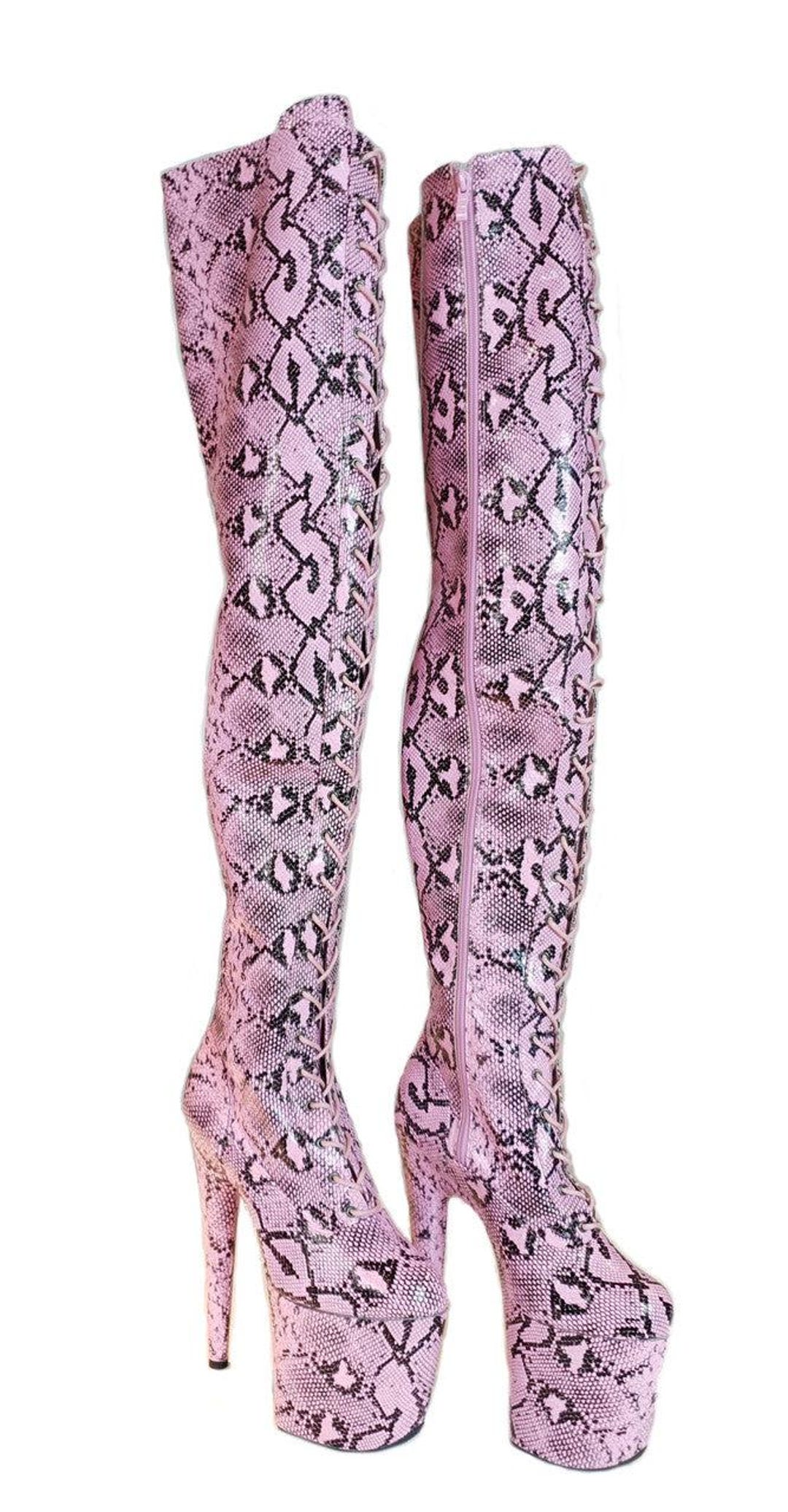 Thigh High Pink Platform Boot. Vegan Leather. Pink Python - Etsy