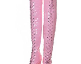 Bimbo Pink Thigh High Platform Boots. 20cm 8 Inch Heels. Dragpole Shoes