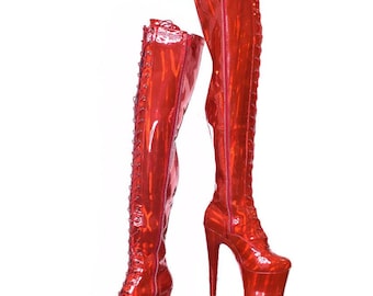 Hot Cherry Red Thigh High Platform Vegan 20cm
