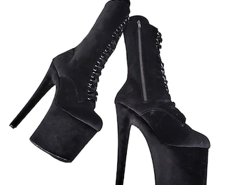 Black Velvet Calf Length Platform Boots