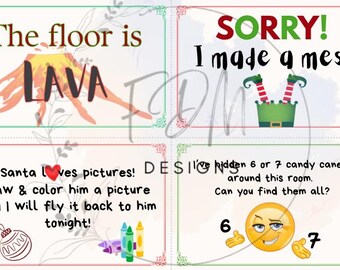 Può includere: Un biglietto natalizio festivo con quattro sezioni. In alto a sinistra si legge "The floor is LAVA" con un'illustrazione di un vulcano. In alto a destra c'è scritto "SORRY! I made a mess" con le gambe di un elfo. In basso a sinistra c'è scritto "Santa loves pictures!" con un disegno di un ornamento natalizio e pastelli. In basso a destra c'è scritto "I've hidden 6 or 7 candy canes around this room" con un'emoji che fa l'occhiolino.