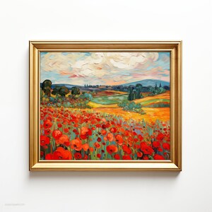 Puede incluir: Una pintura de un campo de amapolas rojas en un entorno paisajístico. El campo está en primer plano, con una colina verde ondulada y un cielo azul con nubes blancas en el fondo.