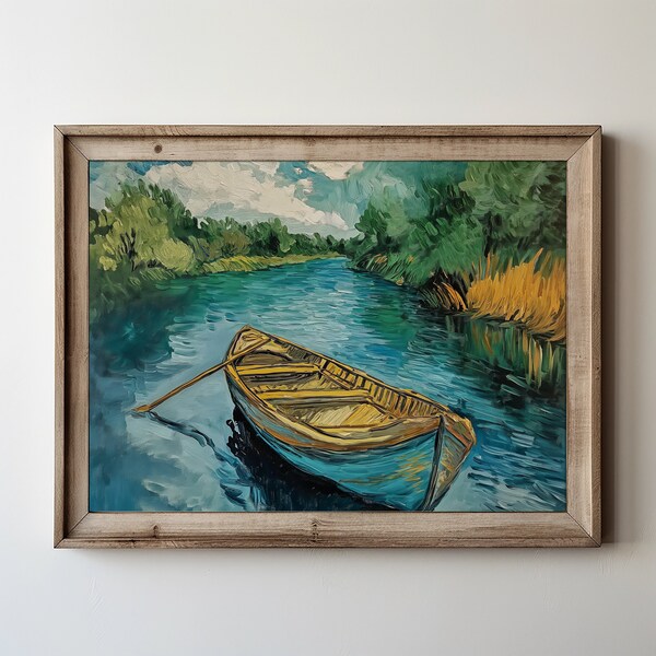 Vincent Van Gogh's, Wooden Boat on River | Lake House Decor, Nautical Wooden Boat on Water, house decorating, #vangogh, ar t