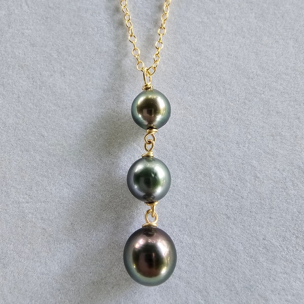 Tahitian pearl necklace 18 inches with triple pearl pendant on 14k gold filled chain and wire wrapped.