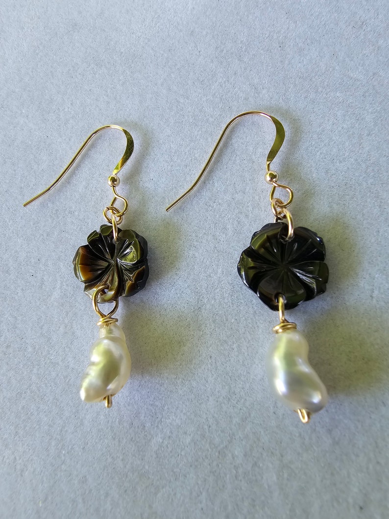 Tahitian Keshi Pearl and Carved Mother of Pearl Flower Earrings ...