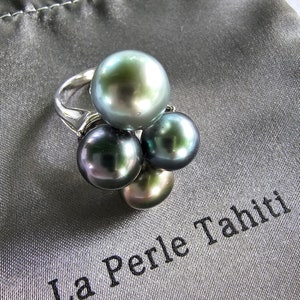 Tahitian black pearl ring 4 huge 11mm. set on sterling silver/rhodium ring size 7.5 grade AAA pearls made in Tahiti for you to enjoy,