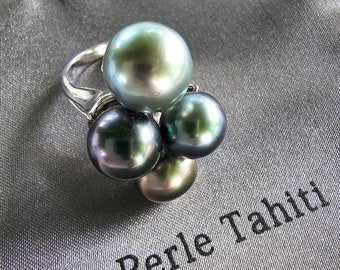 Anillo de perlas negras de Tahití 4 enormes de 11mm. engastado en plata esterlina/anillo de rodio tamaño 7.5 perlas AAA de grado hechas en Tahití para que las disfrutes,