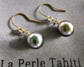 Tahitian pearl dangle earrings with crystal solitaire stone 14k gold filled ear wire hooks 10mm Black pearls