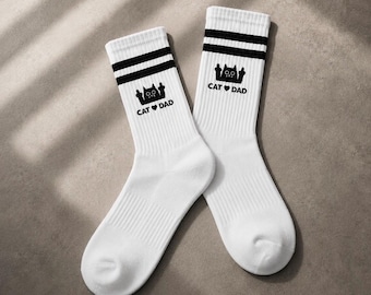 Angry Cat - CatDad Socks for Men • Cat Lover Socks • White Tennis Socks with Design • Retro Tennis Socks • Printed Socks with Saying