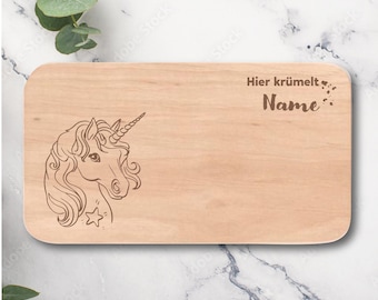 Personalisierbares Frühstücksbrett für Kinder Buchenholz Einhorn Gravur Wunschname Geschenk Geburtstag Erster Schultag Taufe Weihnachten