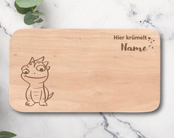 Personalisierbares Frühstücksbrett für Kinder Buchenholz Dino Custom Gravur Wunschname Geschenk Geburtstag Erster Schultag Taufe Weihnachten