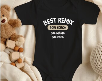 Cute baby bodysuit made of organic cotton, "Best Remix" print, perfect gift for newborns