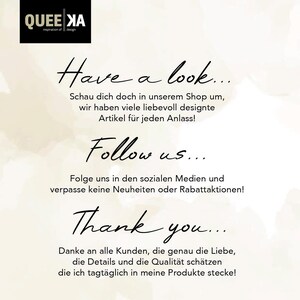 Op de afbeelding: Een witte achtergrond met zwarte tekst die "Have a look... Schau dich doch in unserem Shop um, wir haben viele liebevoll designte Artikel f&uuml;r jeden Anlass! Follow us... Folge uns in den sozialen Medien und verpasse keine Neuheiten oder Rabattaktionen! Thank you... Danke an alle Kunden, die genau die Liebe, die Details und die Qualit&auml;t sch&auml;tzen die ich tagt&auml;glich in meine Produkte stecke!" luidt.