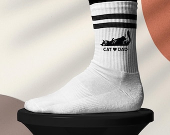 Cat Dad Socks Men • Cat Lover Socks • White Tennis Socks with Motif • Retro Tennis Socks • Printed Socks with Saying