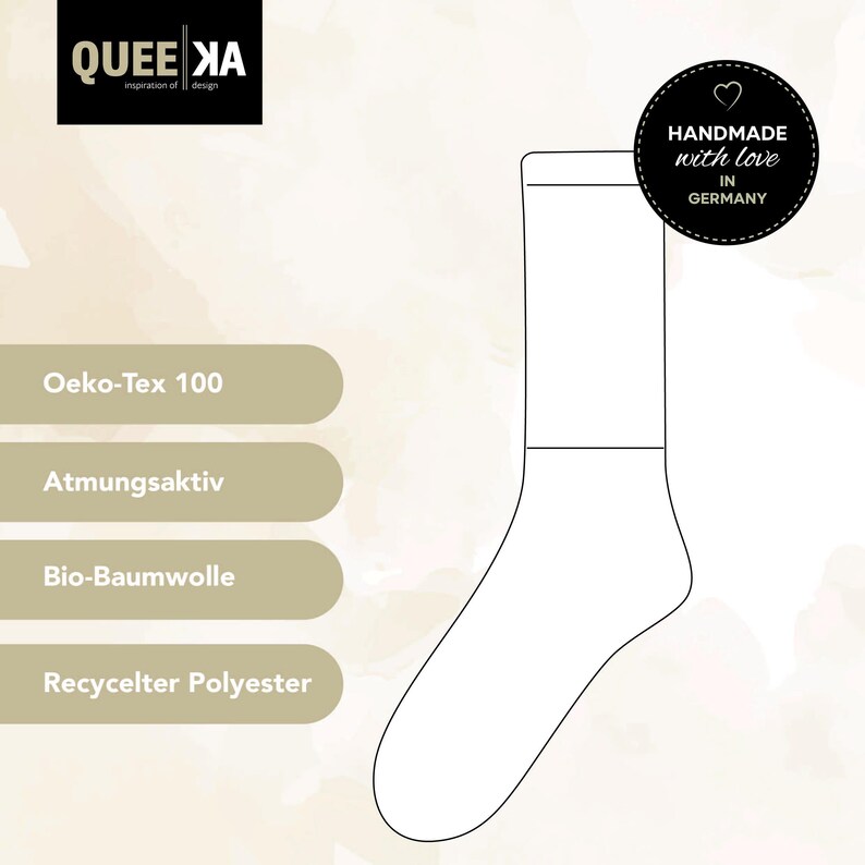 May include: A white sock with a black outline, featuring the text "QUEE XA inspiration of design". Additional text includes "Oeko-Tex 100", "Atmungsaktiv", "Bio-Baumwolle", and "Recycelter Polyester". A circular emblem reads "HANDMADE with love IN GERMANY".